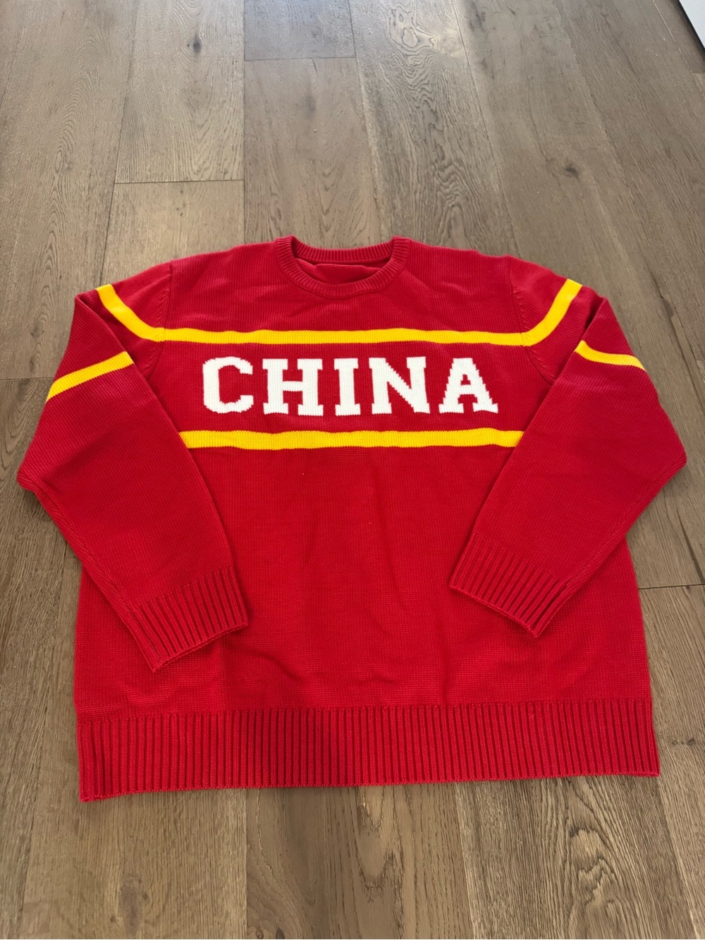 Red 'CHINA' Crewneck Sweater with Yellow Stripes - Men